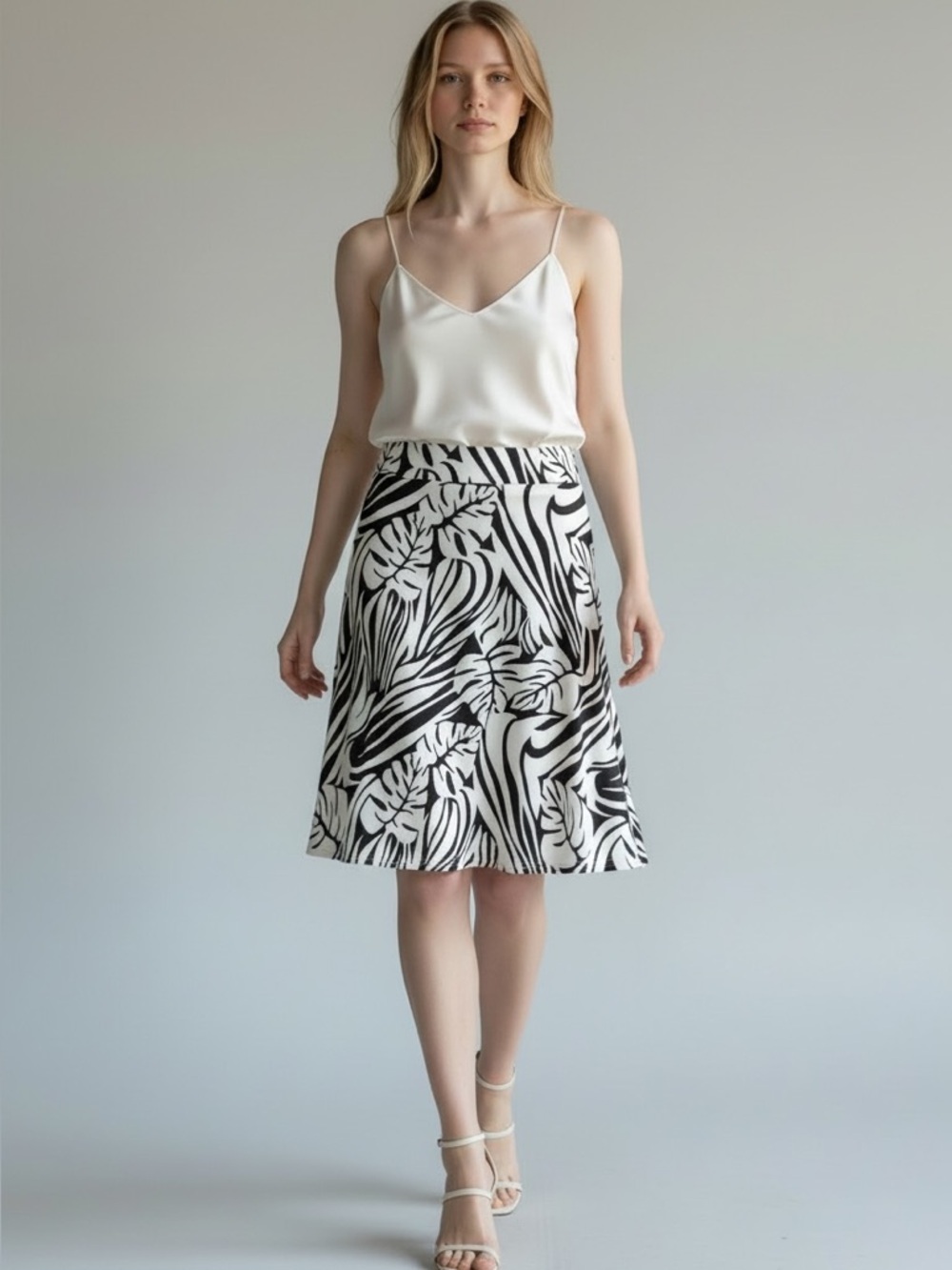 Dynamite A-Line Skirt Cream & Brown Palm Print Flowy Size 2